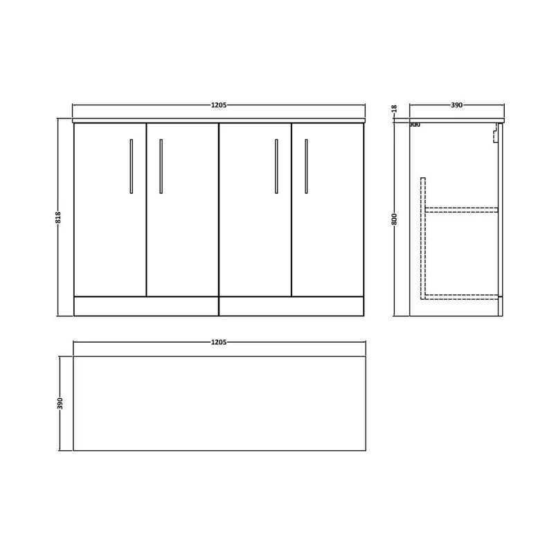 Nuie Arno 1200mm Floor Standing 4 Door Vanity & Worktop Contemporary Charcoal Black MFC Textured Woodgrain 818x1205x390mm