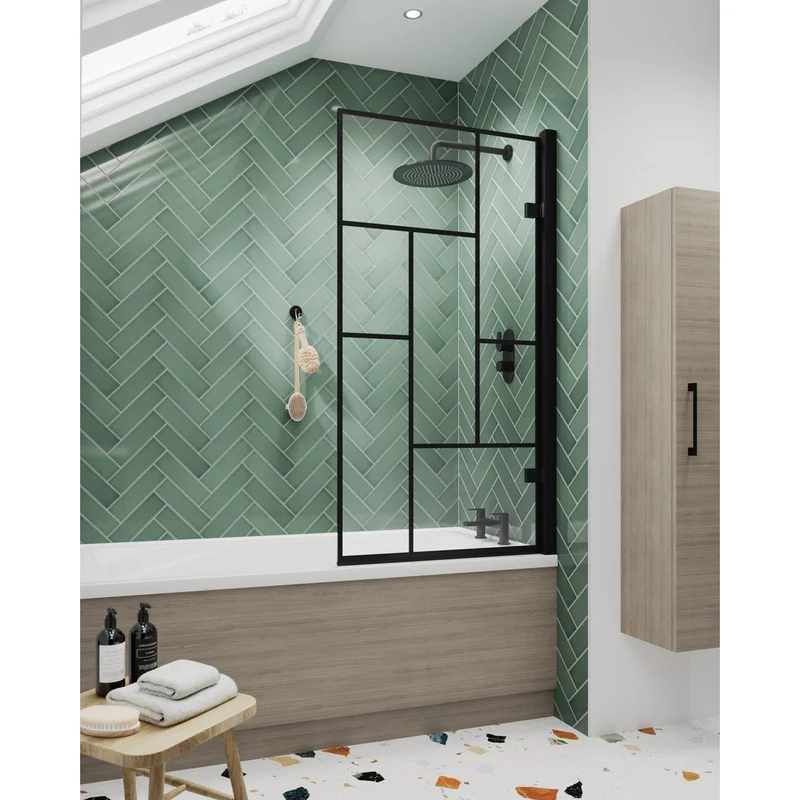 Nuie ABStract Bath Screen Contemporary Matt Black Aluminium 1520x830x24mm