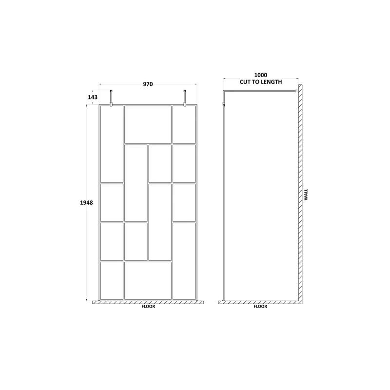 Hudson Reed Wetroom Screens 1000mm Abstract Frame Wetroom Screen With Support Bars Contemp Matt Black Aluminium 1950x1050x60mm