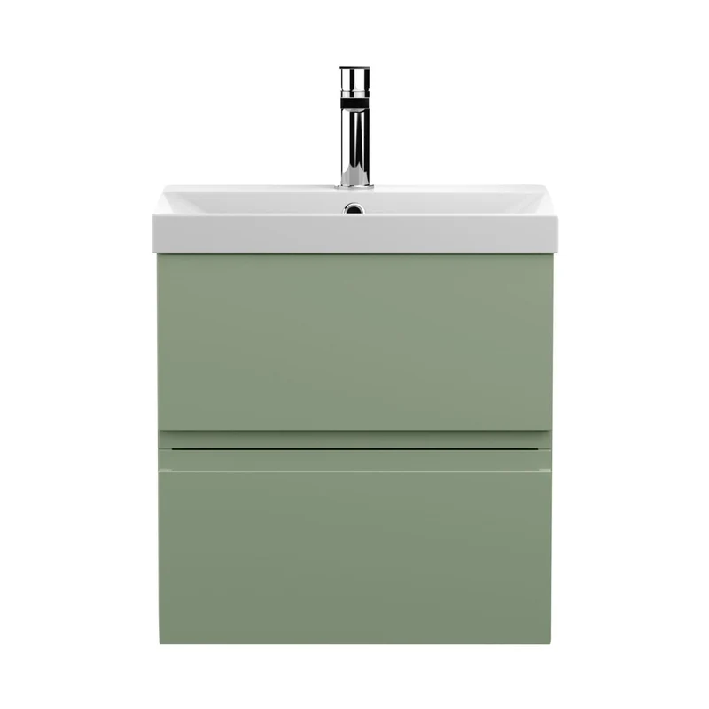 Hudson Reed Urban 500mm Wall Hung 2 Drawer Unit & Basin 3 Contemp Satin Green MFC Painted Matt 550x510x395mm