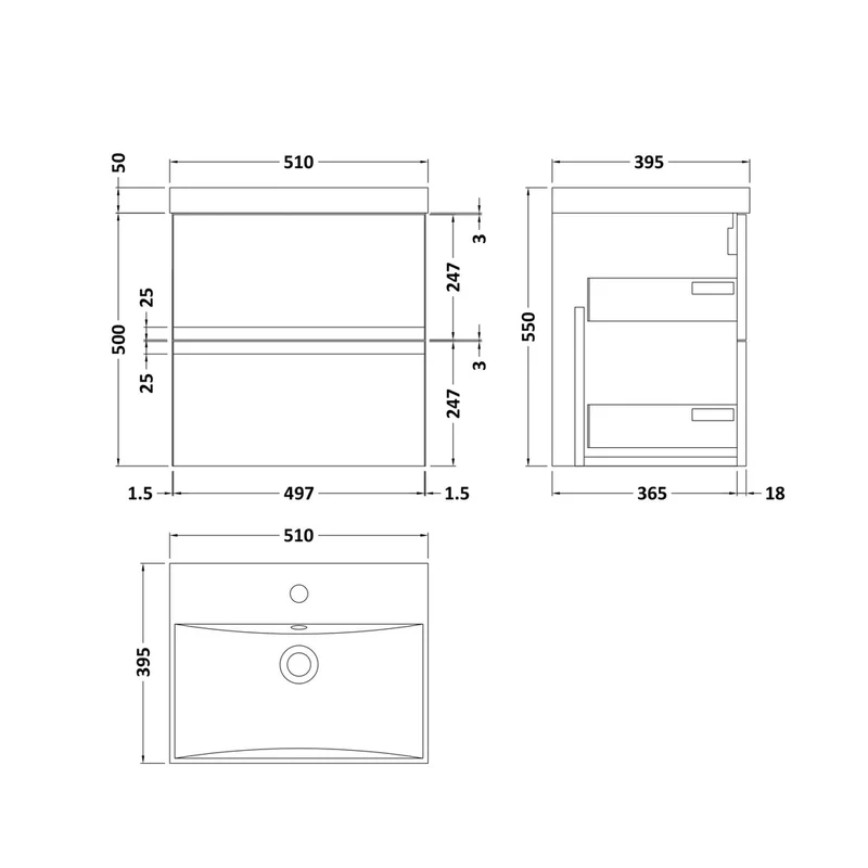 Hudson Reed Urban 500mm Wall Hung 2 Drawer Unit & Basin 3 Contemp Satin Green MFC Painted Matt 550x510x395mm