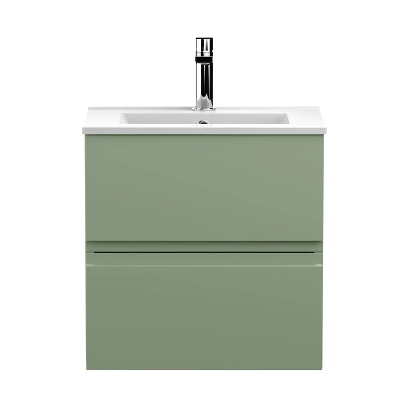 Hudson Reed Urban 500mm Wall Hung 2 Drawer Unit & Basin 2 Contemp Satin Green MFC Painted Matt 518x510x390mm