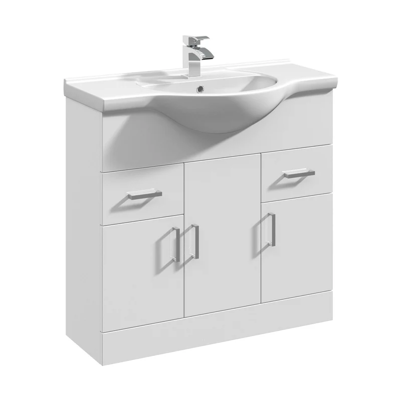Nuie Mayford 850mm Floor Standing Cabinet & Round Basin Contemporary Gloss White MFC Painted Gloss 836x855x485mm