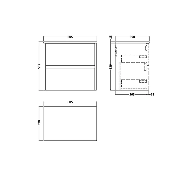 Nuie Havana 600mm Wall Hung 2 Drawer Unit & Worktop Contemporary Autumn Oak MFC Textured Woodgrain 557x605x390mm