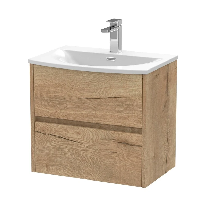 Nuie Havana 600mm Wall Hung 2 Drawer Unit & Basin 4 Contemporary Autumn Oak MFC Textured Woodgrain 564x610x440mm