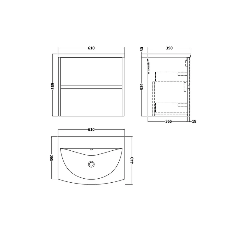 Nuie Havana 600mm Wall Hung 2 Drawer Unit & Basin 4 Contemporary Autumn Oak MFC Textured Woodgrain 564x610x440mm
