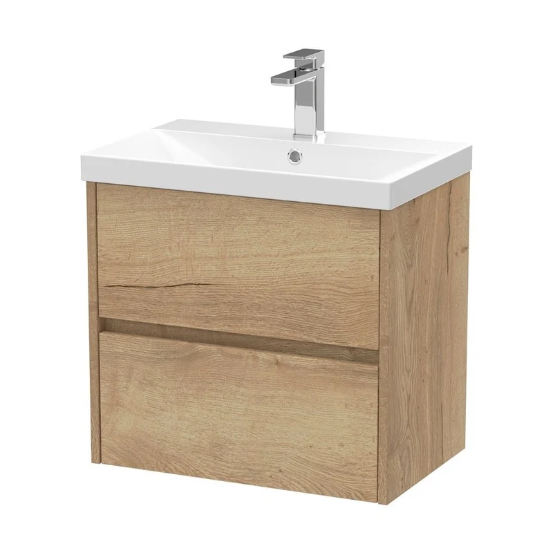 Nuie Havana 600mm Wall Hung 2 Drawer Unit & Basin 3 Contemporary Autumn Oak MFC Textured Woodgrain 589x810x395mm