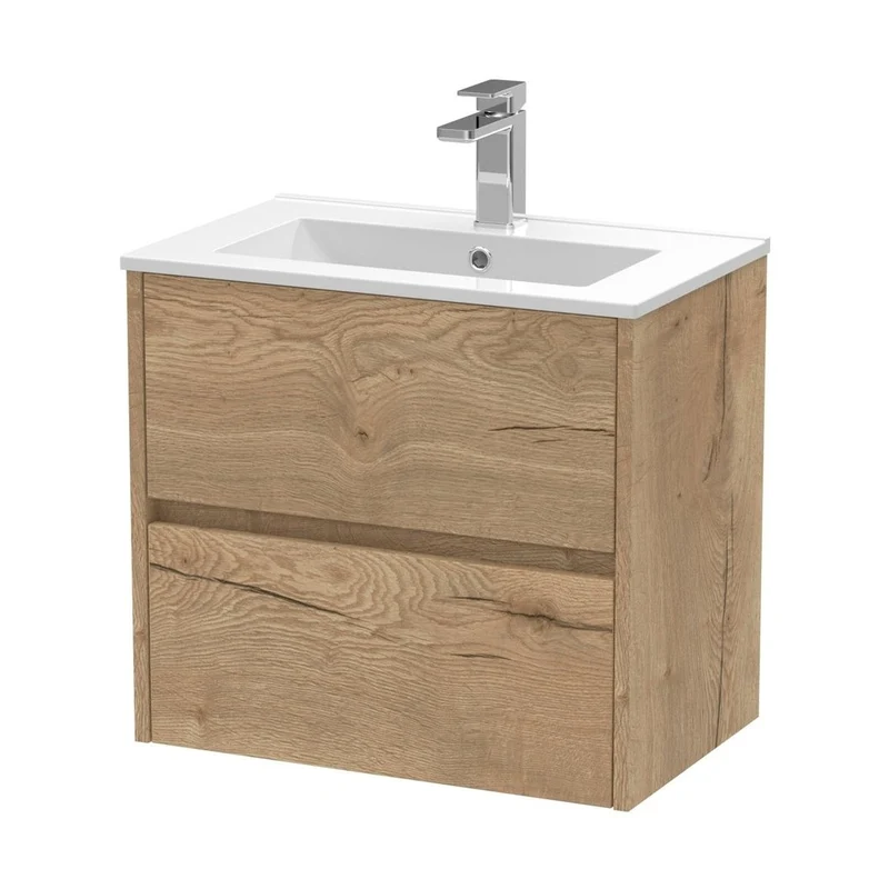 Nuie Havana 600mm Wall Hung 2 Drawer Unit & Basin 2 Contemporary Autumn Oak MFC Textured Woodgrain 557x800x390mm