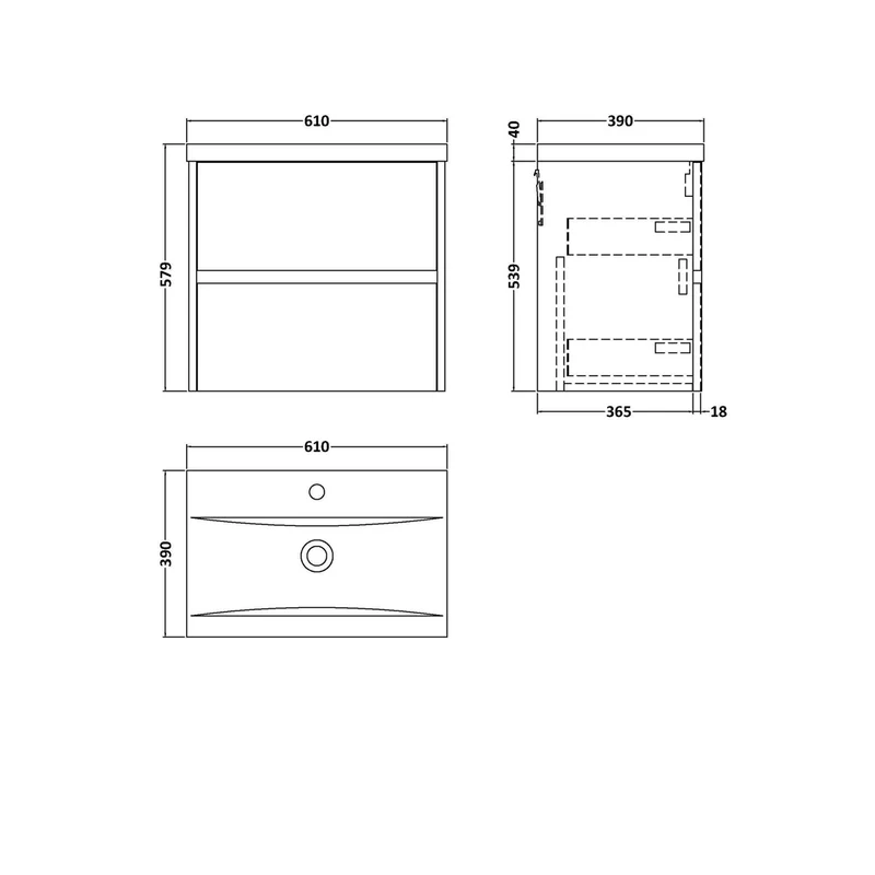 Nuie Havana 600mm Wall Hung 2-drawer Unit & Basin 1 Contemporary Midnight Blue MFC Painted Matt 579x610x390mm