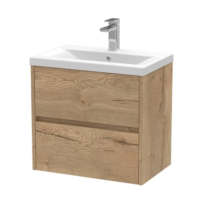 Nuie Havana 600mm Wall Hung 2 Drawer Unit & Basin 1 Contemporary Autumn Oak MFC Textured Woodgrain 579x610x390mm