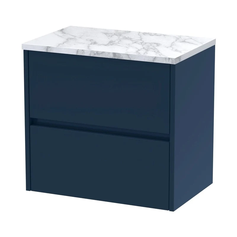 Nuie Havana 600 Wall Hung 2-drawer Unit & Laminate Worktop Contemporary Midnight Blue MFC Painted Matt 561x605x390mm