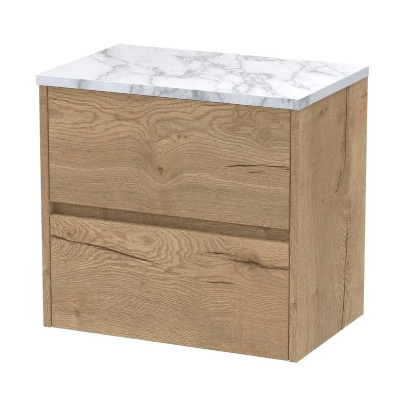 Nuie Havana 600 Wall Hung 2-drawer Unit & Laminate Worktop Contemporary Autumn Oak MFC Textured Woodgrain 561x605x390mm