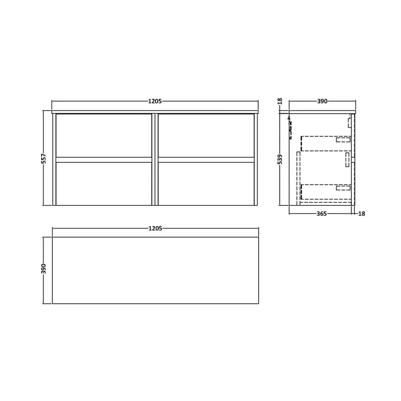Nuie Havana 1200mm Wall Hung 4 Drawer Unit & Worktop Contemporary Autumn Oak MFC Textured Woodgrain 557x1205x390mm