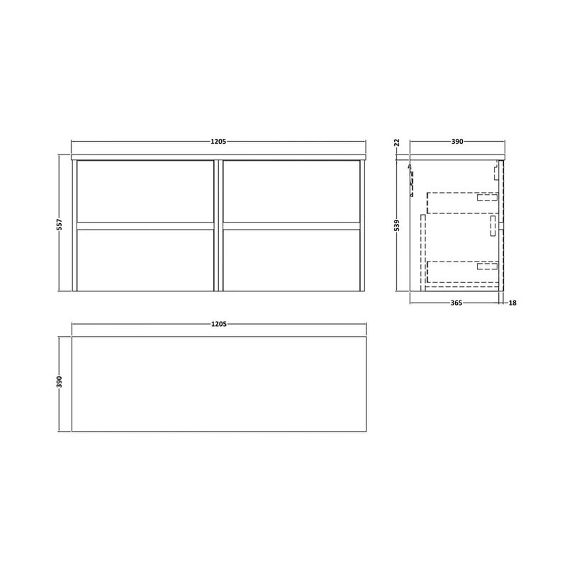 Nuie Havana 1200mm Wall Hung 4-drawer Unit & Laminate Worktop Contemporary Midnight Blue MFC Painted Matt 561x1205x390mm - HAV2904LCM2