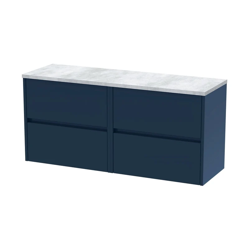 Nuie Havana 1200mm Wall Hung 4-drawer Unit & Laminate Worktop Contemporary Midnight Blue MFC Painted Matt 561x1205x390mm - HAV2904LBG2