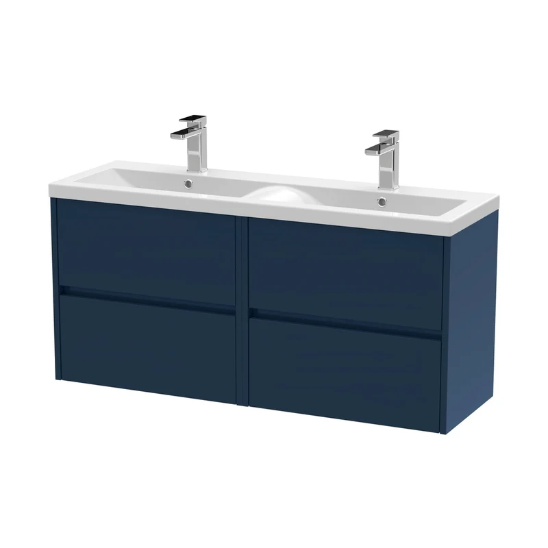 Nuie Havana 1200mm Wall Hung 4-drawer Unit & Double Basin Contemporary Midnight Blue MFC Painted Matt 579x1205x385mm - HAV2904F