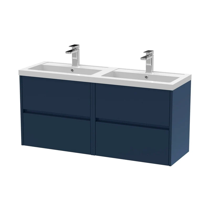 Nuie Havana 1200mm Wall Hung 4-drawer Unit & Double Basin Contemporary Midnight Blue MFC Painted Matt 579x1205x385mm - HAV2904C