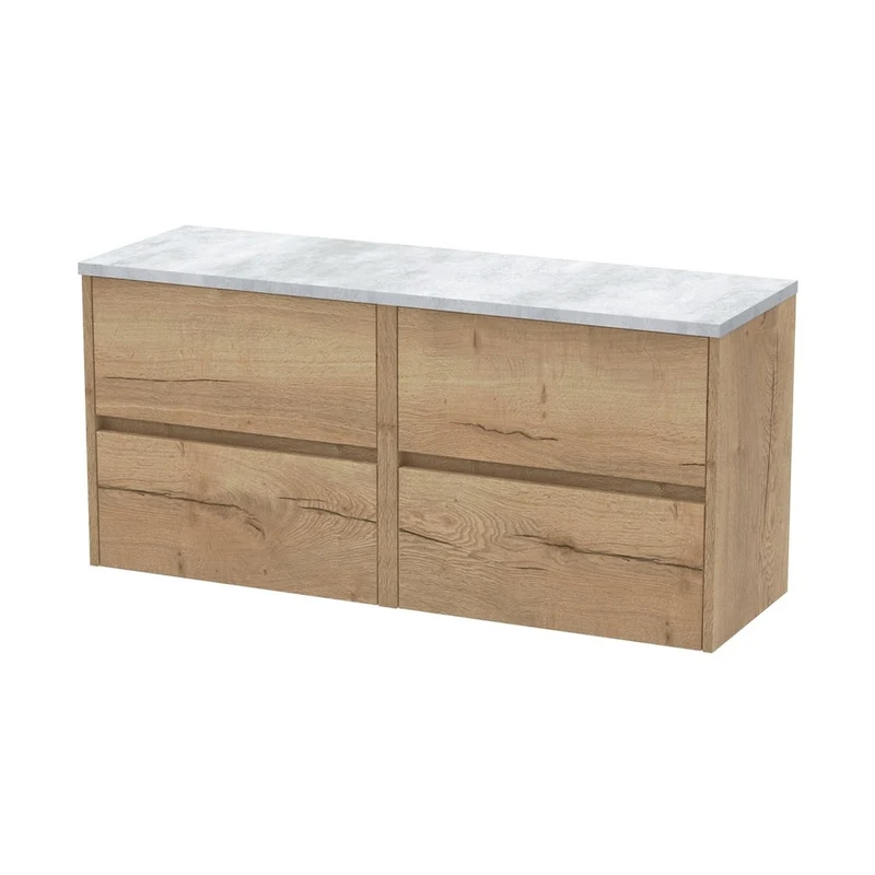 Nuie Havana 1200mm Wall Hung 4-drawer Unit & Laminate Worktop Contemporary Autumn Oak MFC Textured Woodgrain 561x1205x390mm - HAV804LBG2