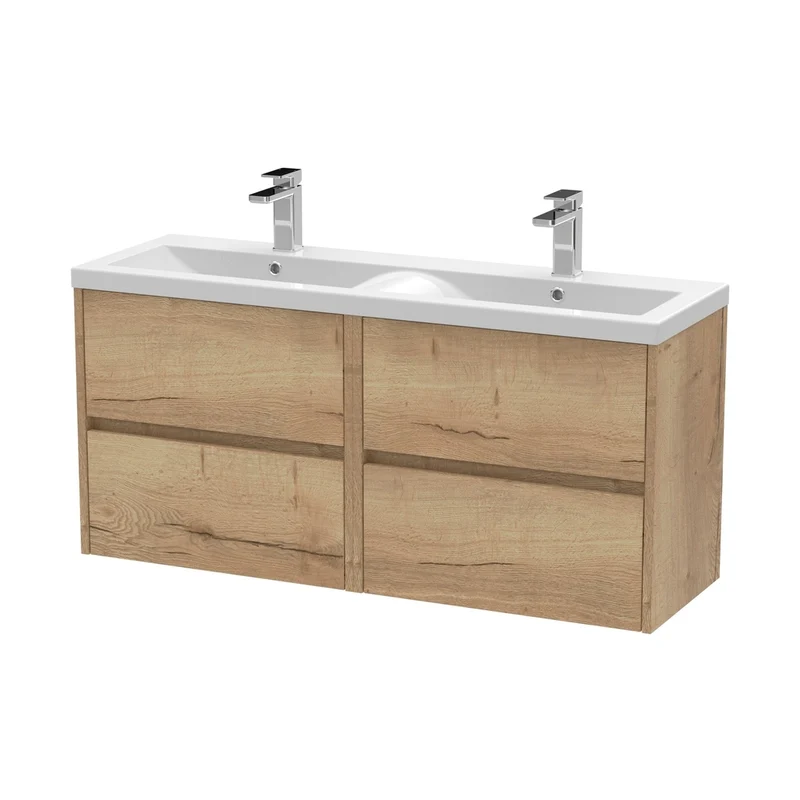 Nuie Havana 1200mm Wall Hung 4 Drawer Unit & Double Basin Contemporary Autumn Oak MFC Textured Woodgrain 579x1205x385mm - HAV804F