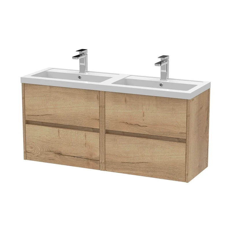 Nuie Havana 1200mm Wall Hung 4 Drawer Unit & Double Basin Contemporary Autumn Oak MFC Textured Woodgrain 579x1205x385mm - HAV804C