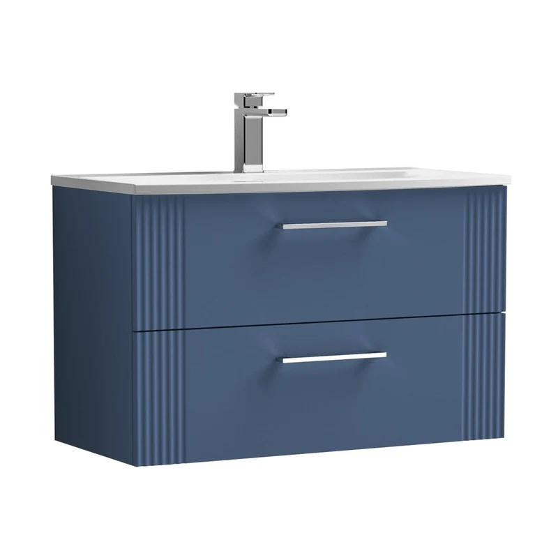 Nuie Deco 800mm Wall Hung 2 Drawer Vanity & Basin 4 Contemporary Satin Blue MFC Painted Gloss 530x810x440mm