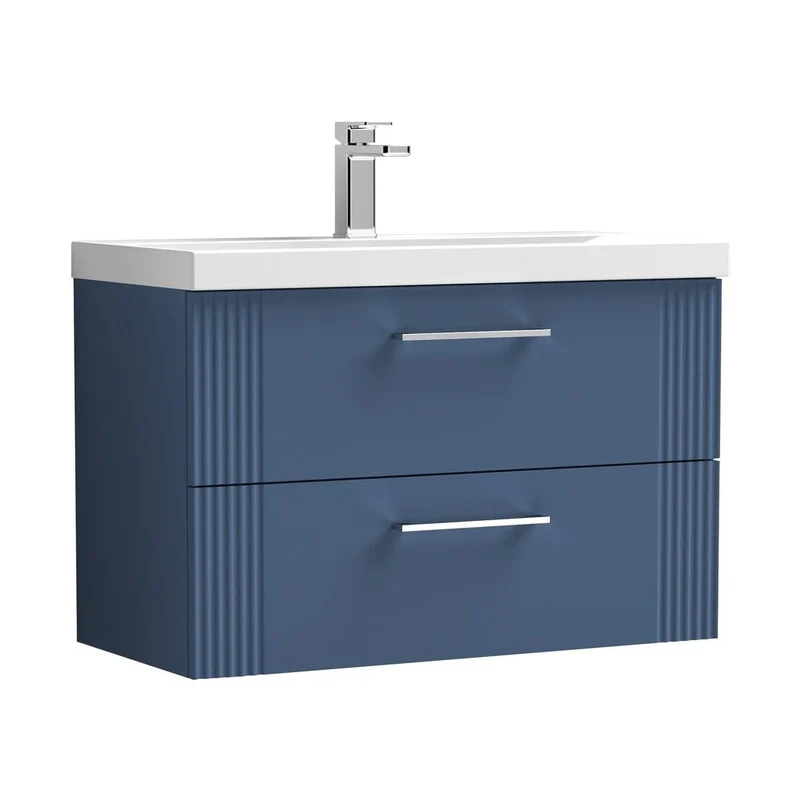 Nuie Deco 800mm Wall Hung 2 Drawer Vanity & Basin 3 Contemporary Satin Blue MFC Painted Gloss 550x810x395mm