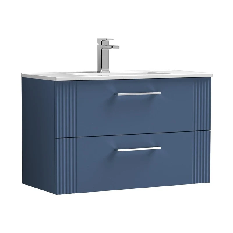 Nuie Deco 800mm Wall Hung 2 Drawer Vanity & Basin 2 Contemporary Satin Blue MFC Painted Gloss 518x805x395mm
