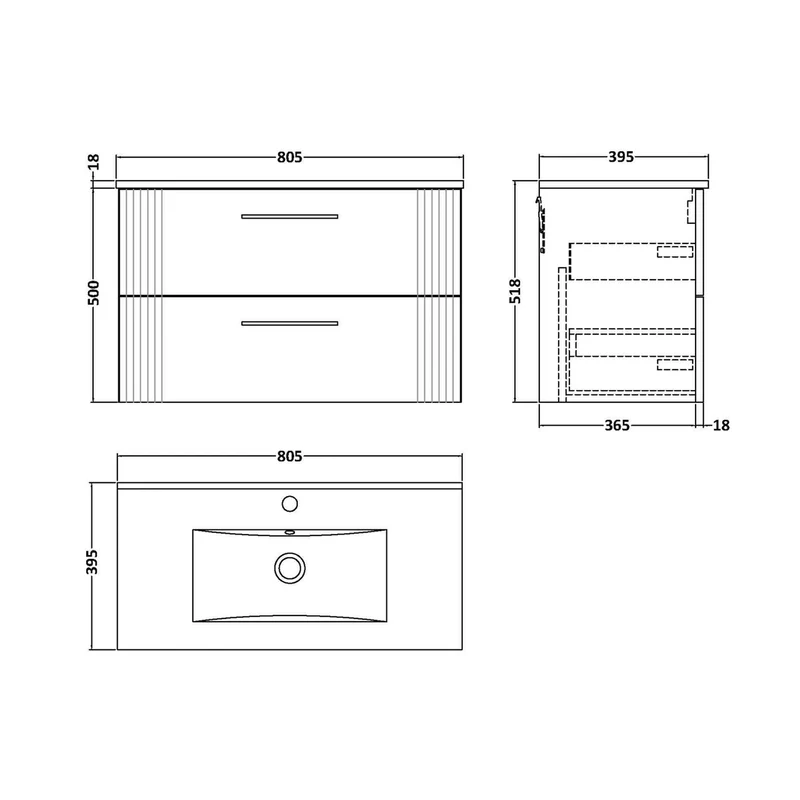 Nuie Deco 800mm Wall Hung 2 Drawer Vanity & Basin 2 Contemporary Satin Blue MFC Painted Gloss 518x805x395mm