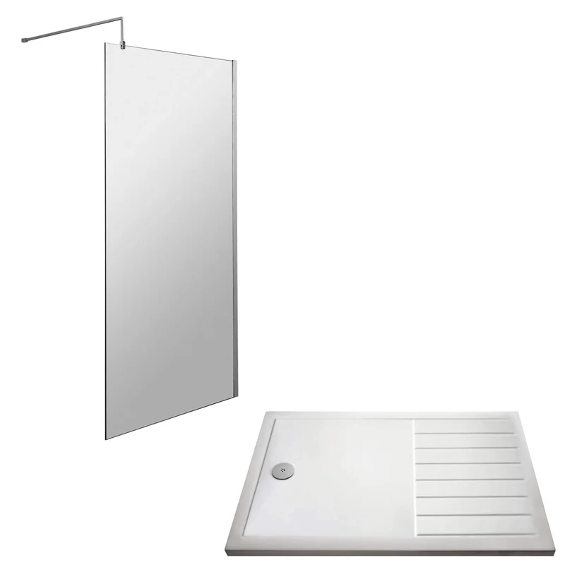 Vista 8mm Chrome 1850mm Walk-In Shower Screen with White Walk In Tray & Waste Bundle