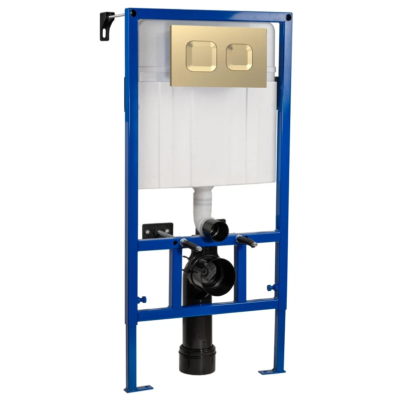 Reduced Height Wall Hung Toilet Frame with Concealed Cistern & Brushed Brass Square Flush Plate