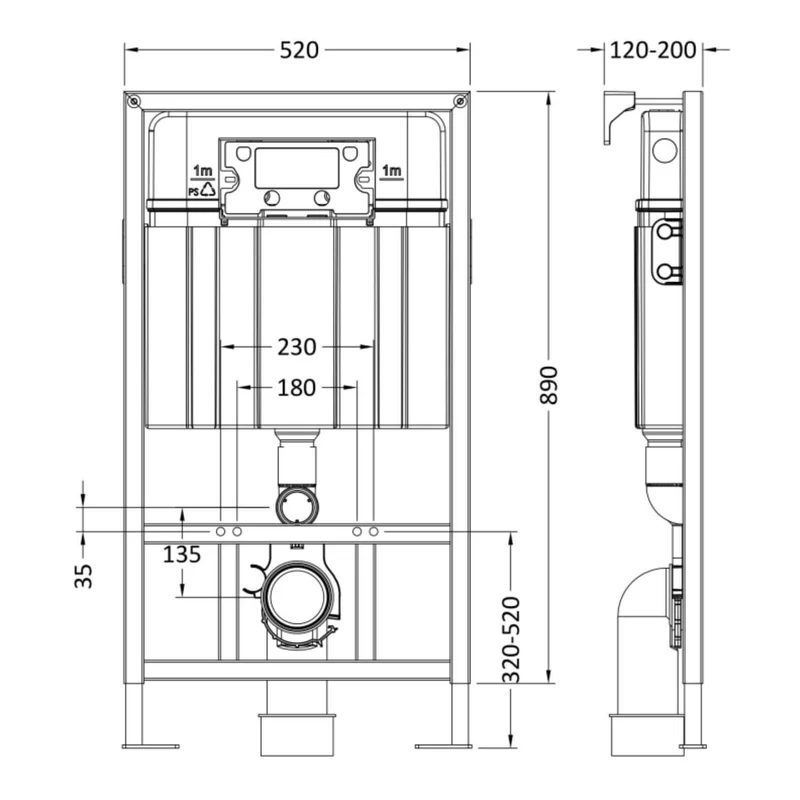 Reduced Height Wall Hung Toilet Frame with Concealed Cistern & Chrome Round Flush Plate
