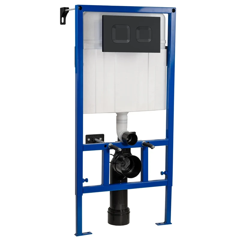 Reduced Height Wall Hung Toilet Frame with Concealed Cistern & Matt Black Square Flush Plate
