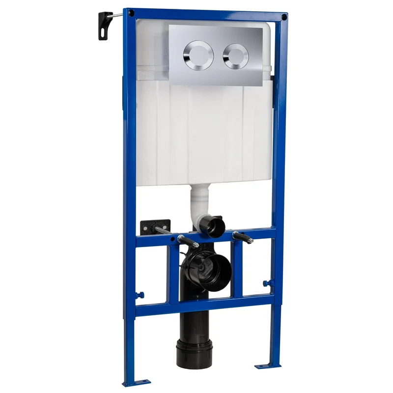 Reduced Height Wall Hung Toilet Frame with Concealed Cistern & Chrome Round Flush Plate
