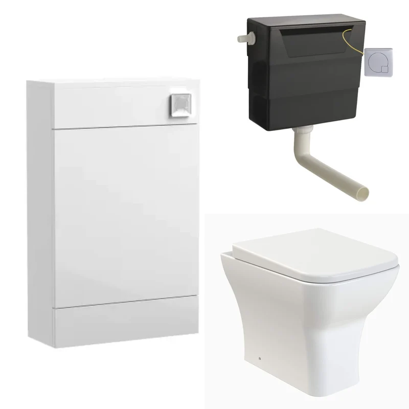 Eden Compact White WC Unit + Como Rimless Back To Wall Toilet Bundle With Square Chrome Flush Button