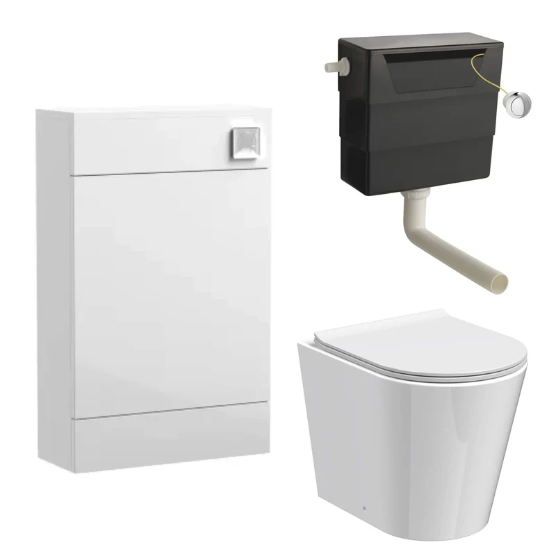 Eden Compact White WC Unit + Lana Round Rimless Back To Wall Toilet Bundle With Round Chrome Flush Button