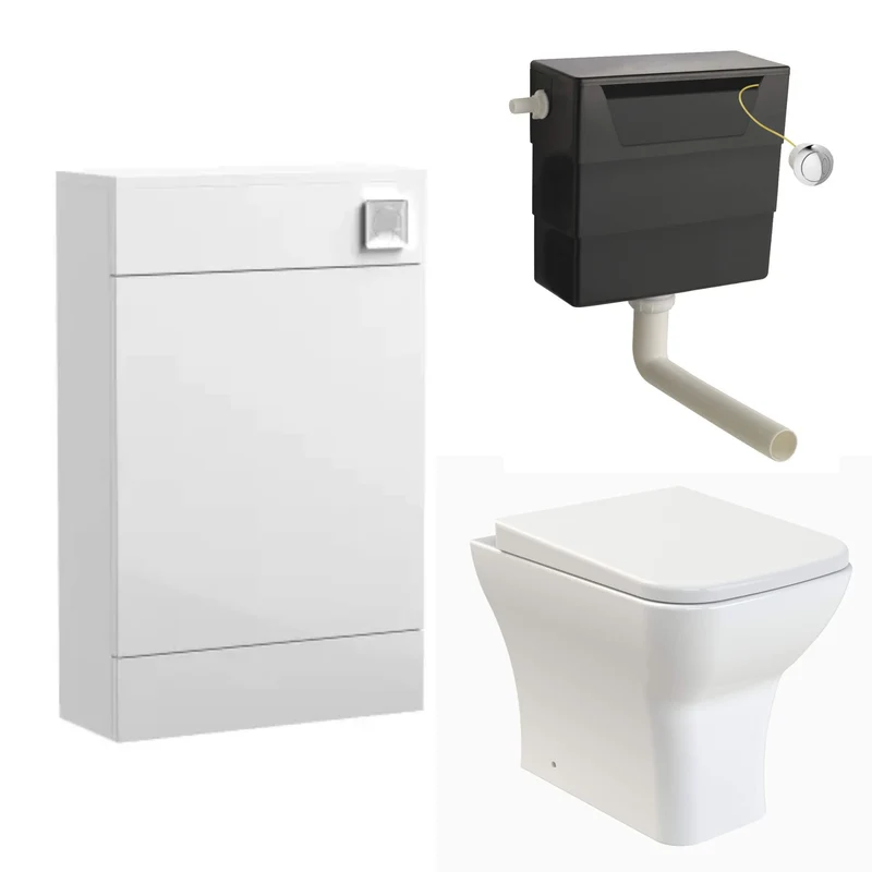 Eden Compact White WC Unit + Como Rimless Back To Wall Toilet Bundle With Round Chrome Flush Button
