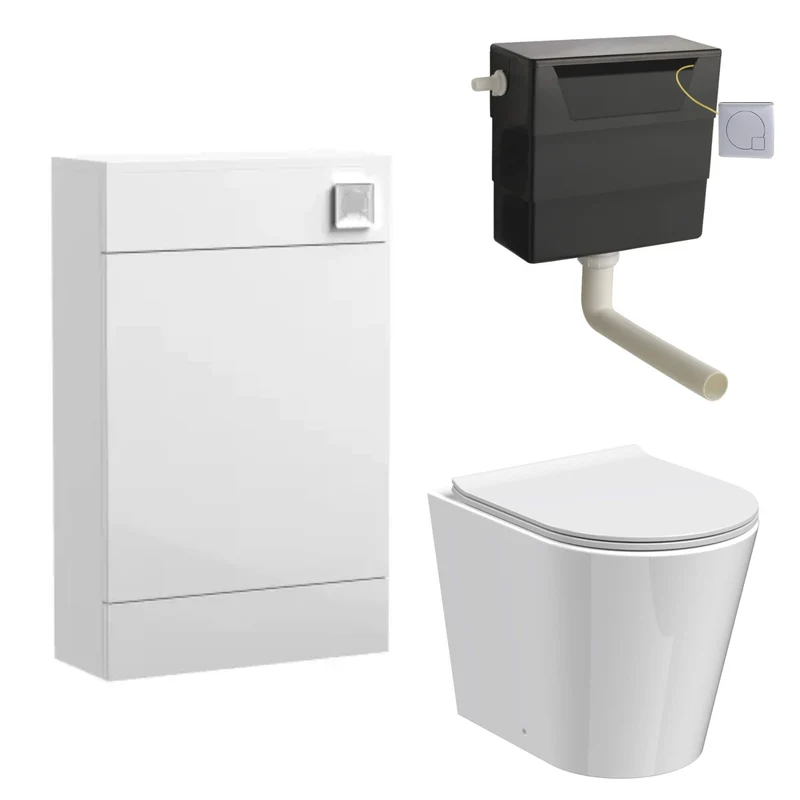 Eden Compact White WC Unit + Lana Round Rimless Back To Wall Toilet Bundle With Square Chrome Flush Button