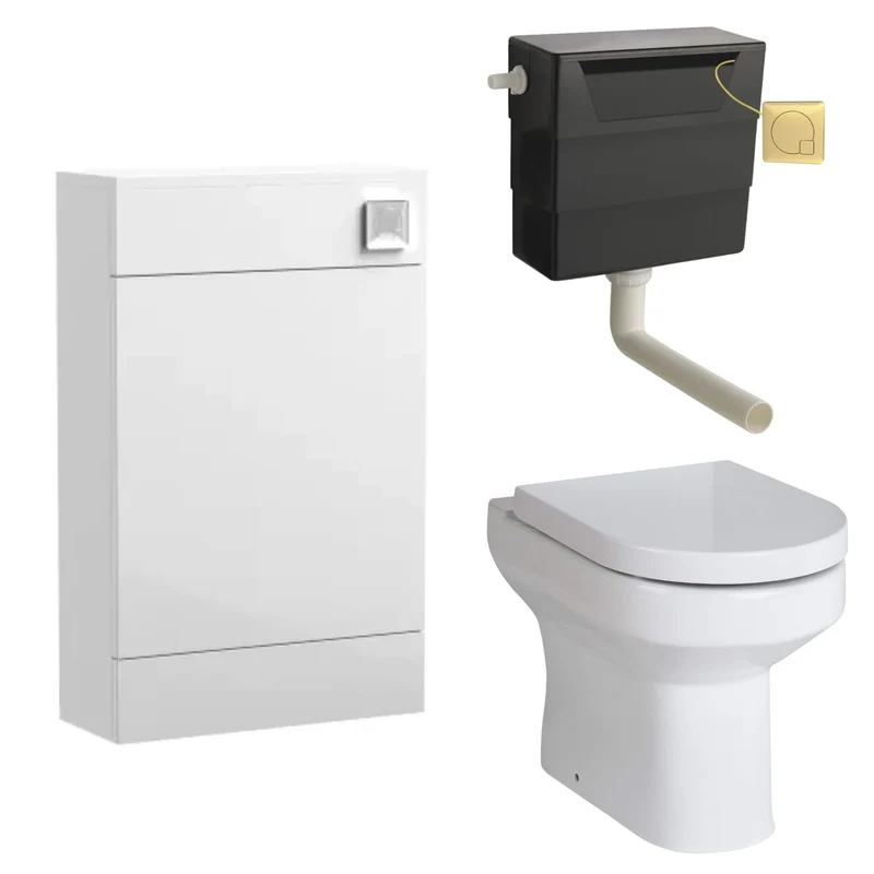 Eden Compact White WC Unit + Harmony Back To Wall Toilet Bundle With Square Brushed Brass Flush Button