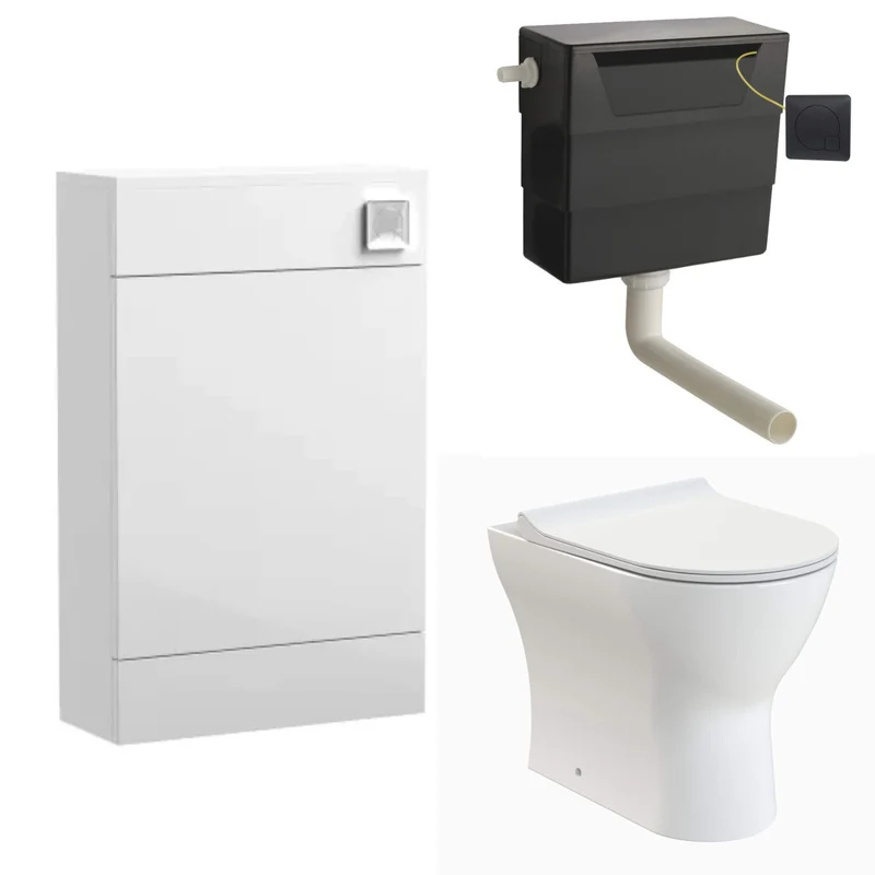 Eden Compact White WC Unit + Lana Rimless Back To Wall Toilet Bundle With Square Matt Black Flush Button