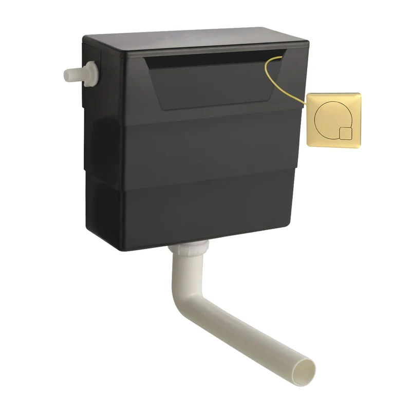 Eden Compact White WC Unit + Lana Round Rimless Back To Wall Toilet Bundle With Square Brushed Brass Flush Button
