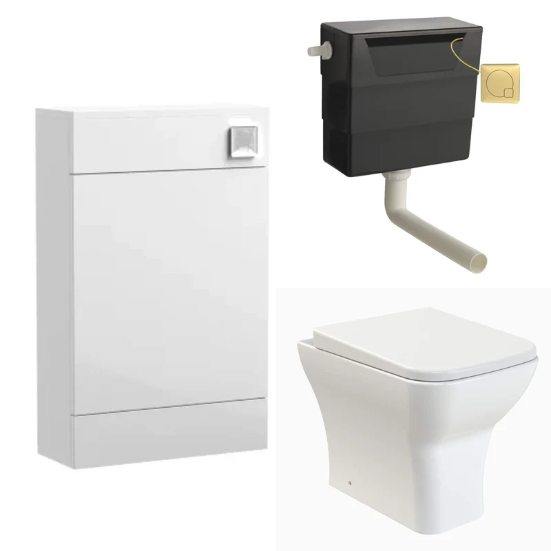 Eden Compact White WC Unit + Como Rimless Back To Wall Toilet Bundle With Square Brushed Brass Flush Button