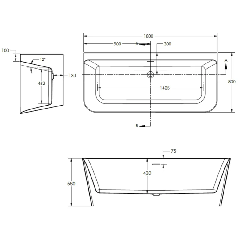 D-Shape Back To Wall Freestanding Bath 1800 x 800mm - White