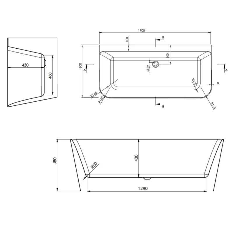 D-Shape Back To Wall Freestanding Bath 1700 x 800mm - White