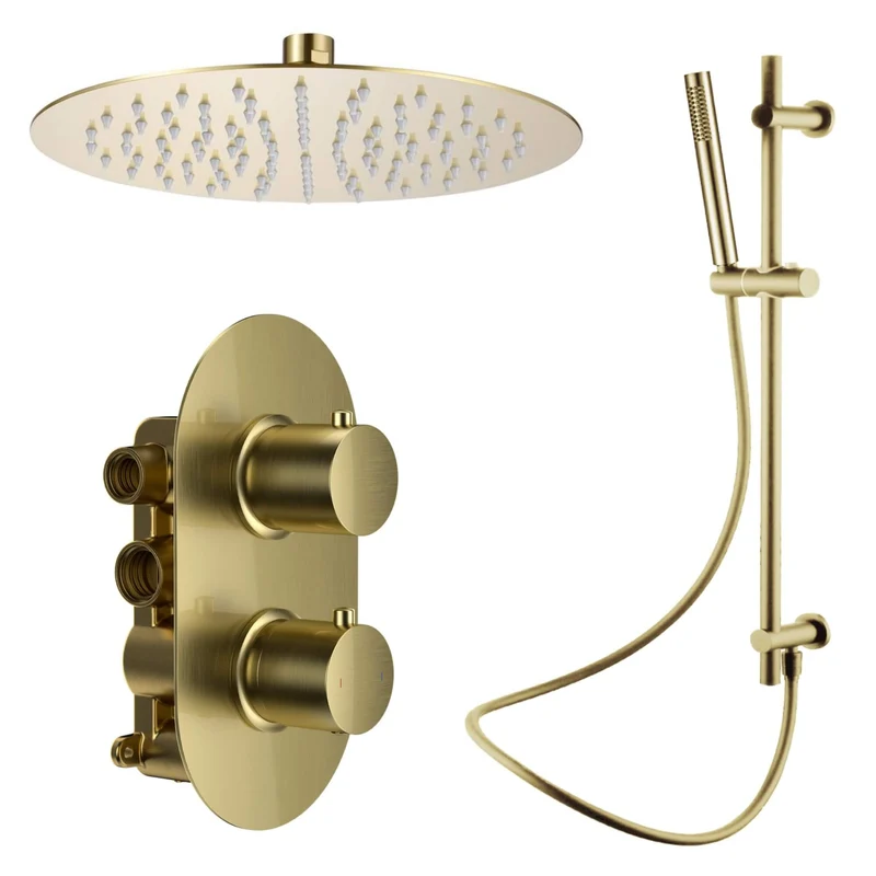Lux Concealed Shower Set With Slide Rail Handset Kit, Slimline 250mm Overhead Shower & 120mm Ceiling Arm - Brushed Brass