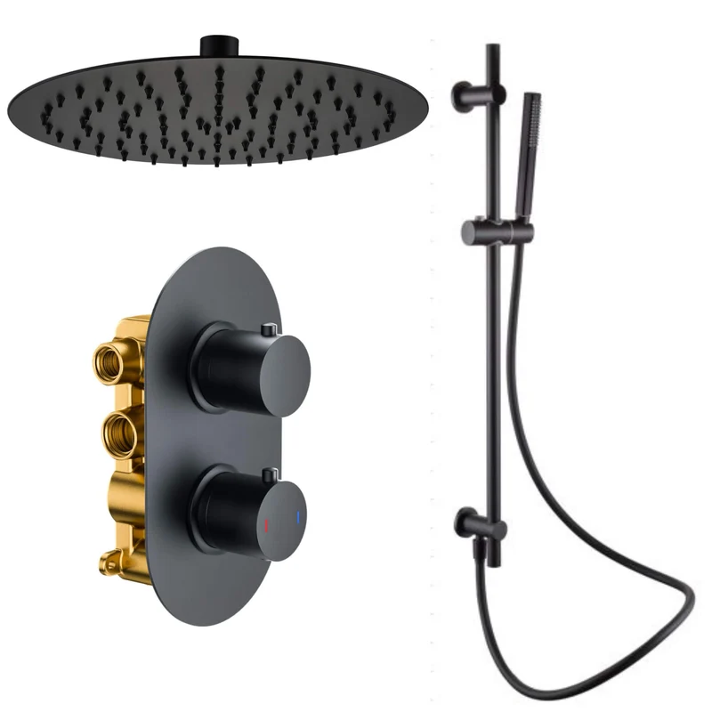 Lux Concealed Shower Set With Slide Rail Handset Kit, Slimline 250mm Overhead Shower & 120mm Ceiling Arm - Matt Black