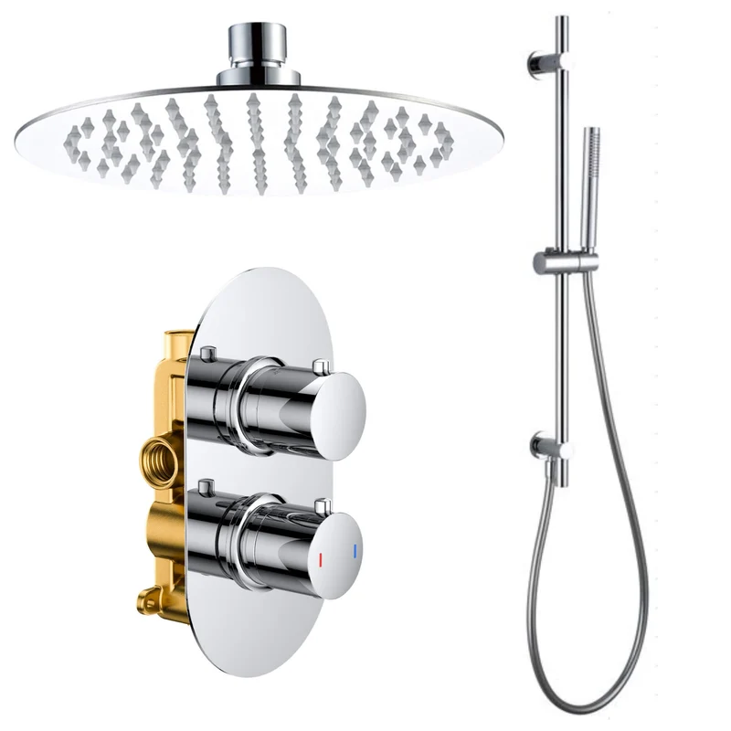 Lux Concealed Shower Set With Slide Rail Handset Kit, Slimline 250mm Overhead Shower & 300mm Wall Arm - Chrome