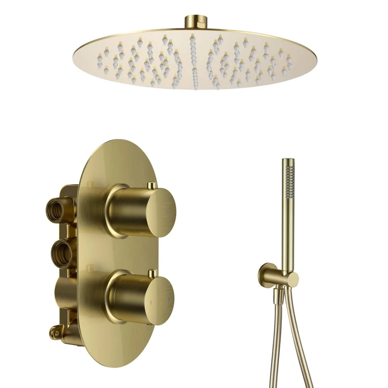 Lux Concealed Shower Set With Handset Kit, Slimline 250mm Overhead Shower & 120mm Ceiling Arm - Brushed Brass