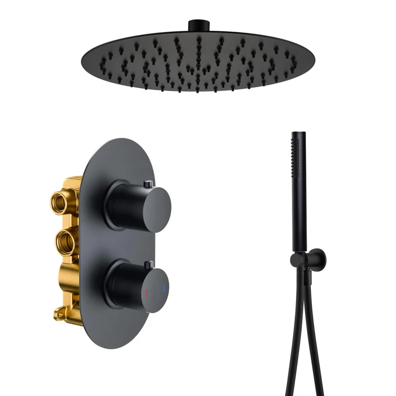 Lux Concealed Shower Set With Handset Kit, Slimline 250mm Overhead Shower & 120mm Ceiling Arm - Matt Black
