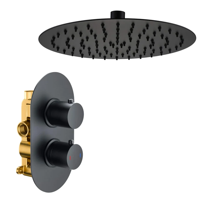 Lux Concealed Shower Set With Slimline 250mm Overhead Shower & 300mm Wall Arm - Matt Black