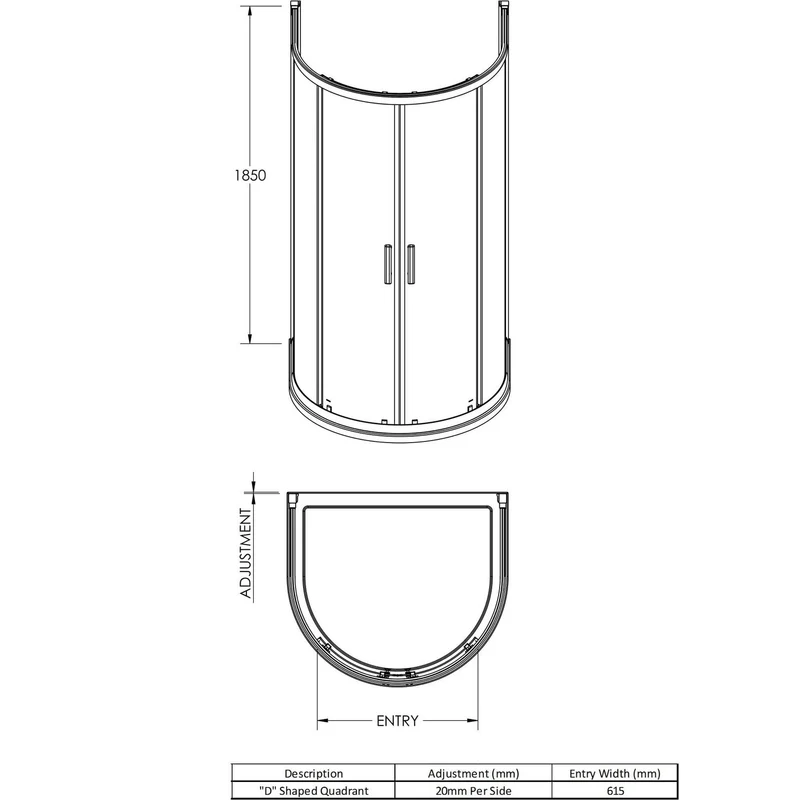 Porto 6mm 2 Door D Shape Shower Enclosure 1050 x 925mm